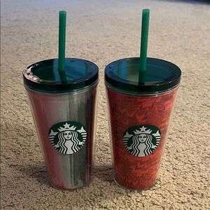 Set of 2 Never Used Starbucks Tumblers with Green Lids and Straws